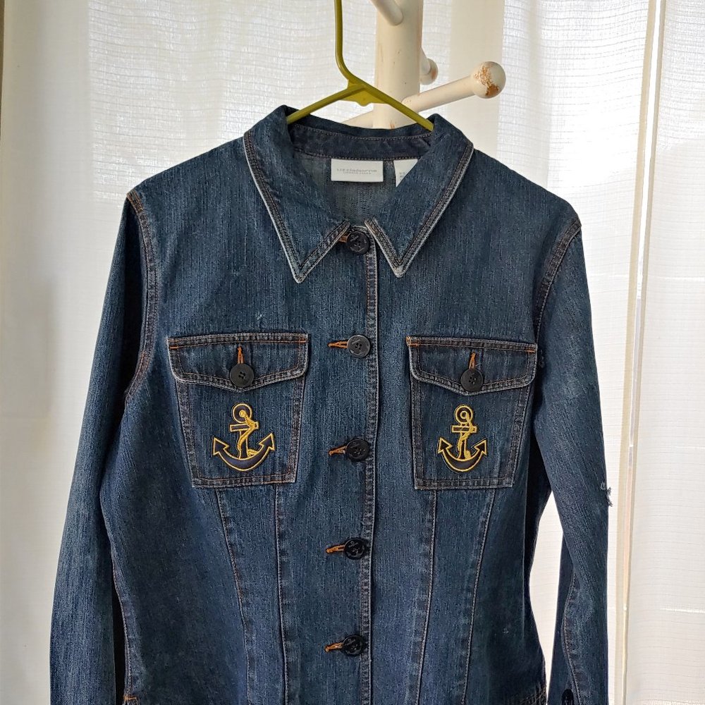 Custom vintage distressed Liz Claiborne women's large dark wash jean jacket